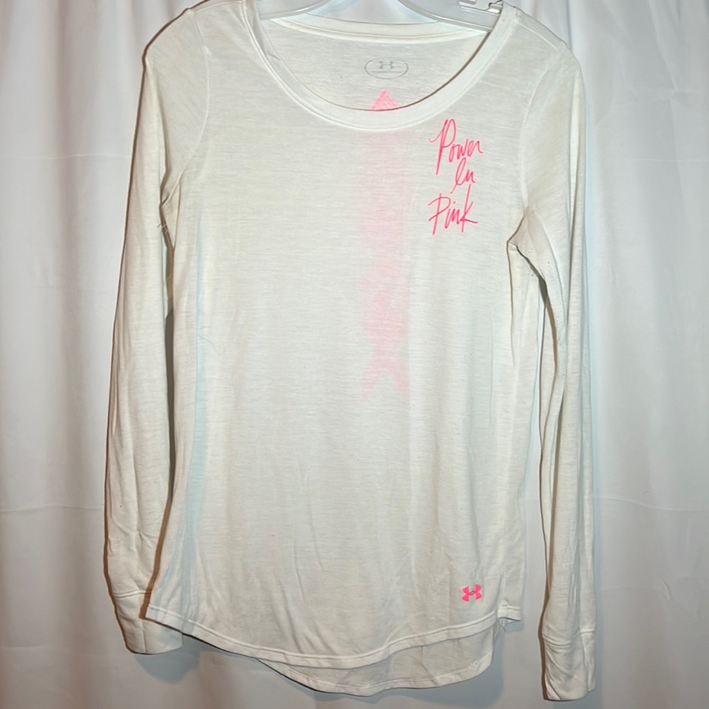 Under Armour white long sleeve tee breast cancer ribbon woman’s small